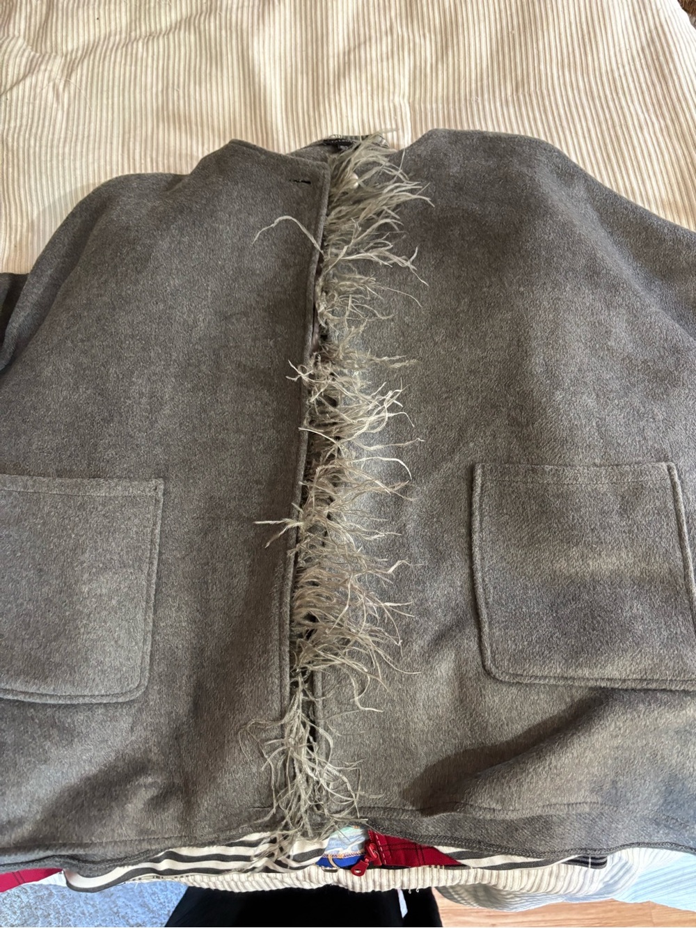 Gray Men's Wool-Blend Jacket with Feather Trim